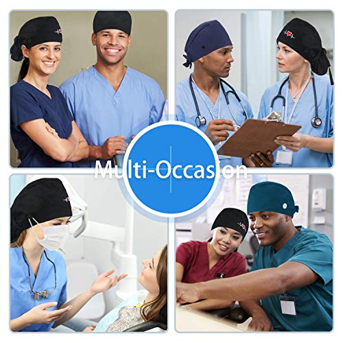 Image of QBA Adjustable Working Cap with Button, Cotton Working Hat Sweatband, Elastic Bandage Tie Back Hats for Women & Men, One Size