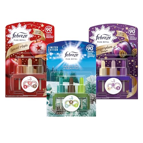 Limited Christmas Edition Plug In Refill Bundle - 3 x 20ml Flavors: Spiced Apple, Sugar Plum, Frosted Pine & Eucalyptus Room Fresheners with Topline Card. Gifts for Stocking Fillers