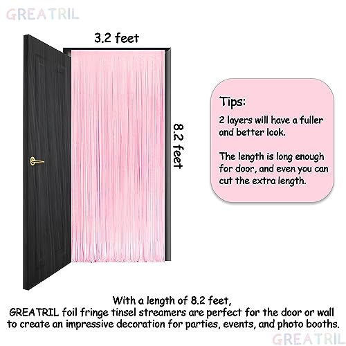 Image of Pastel Pink Party Backdrop Decoration - GREATRIL Baby Pink Foil Fringe Streamers for Baby /Boo Day /Valentines /Cowgirl /Sweet /Cloud /Unicorn /Princess /Bow Themed - 3.2ft X 8.2ft - 2 Packs
