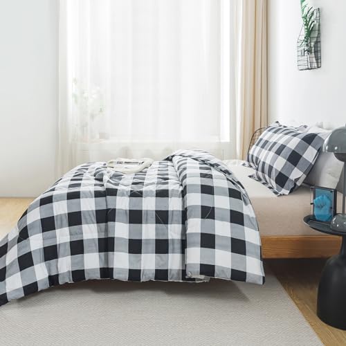 Image of Caressma Black White Comforter Set Twin Size, Classic Buffalo Plaid Comforter Bedding Comforter Sets, Stylish Geometric Plaid Fluffy Home Decor for All Seasons