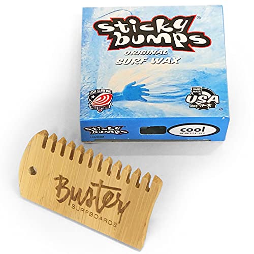 Buster Surfboards Sticky Bumps Original Surfboard Wax Set mit Surf Grip Surfwachs Bambus Waxkamm Temperatur Cool 14°C- 19°C | Anti-Rutsch Board Wachs mit Kamm Cover