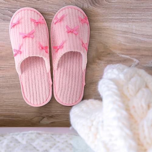 Cute Bow Slippers for Women Coquette Pink Bridesmaid Plush Non-slip Preppy Slipper Wedding Bride Party Gift Comfortable Reusable for Bachelorette Party Bathroom Bedroom Holiday Travel 6
