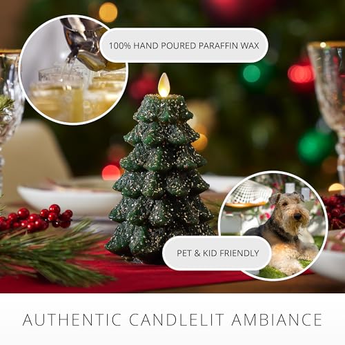 Image of Luminara Christmas Tree Flameless LED Candle, Dark Green 4.7 inch x 6.5 inch, Moving Flame Battery Operated Timer, Holiday Decor, Glitter Snow Finish Safe