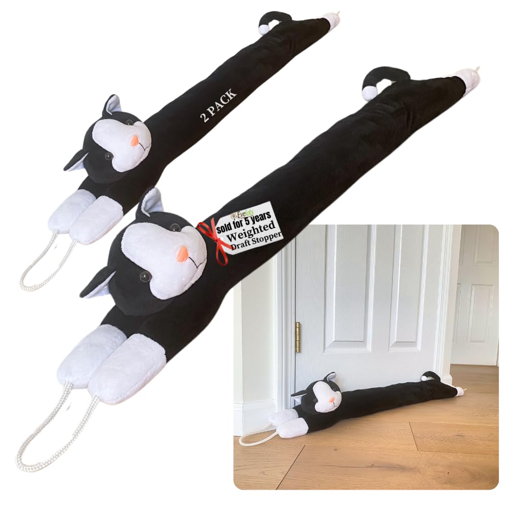 Evelots Under Door Cat Draft Stopper - Weighted - 2 Pack - Keep Cold Air, Warm Air Out - Odor, Noise, Dust, Wind Blocker - Great for Window - Full 38 Inch Long - Heavy Duty Kitty Cat - Hanging Loops