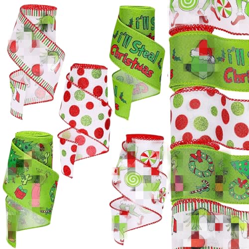 EVECILOO Green Wired Edge Ribbon 30 Yards 5 Rolls 2.5 inches Funny Cartoon Character Wide Red Glitter Dot Craft for Wrapping and DIY Projects
