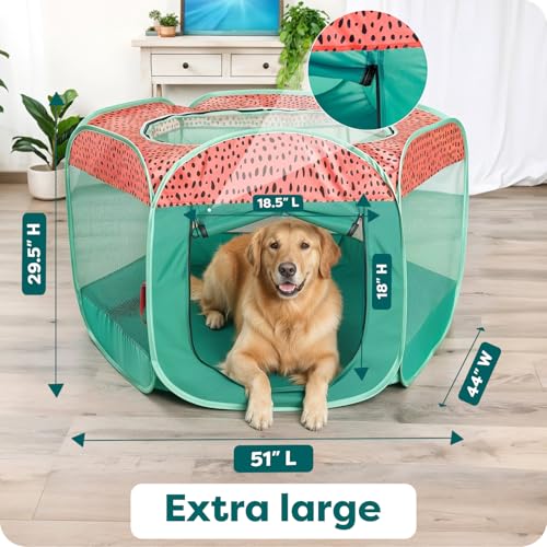 Image of FurHaven Soft-Sided Dog & Cat Playpen, Portable Foldable Indoor & Outdoor Pet Playpen with Mesh Windows & Zippered Door, Green & Pink, Extra Large