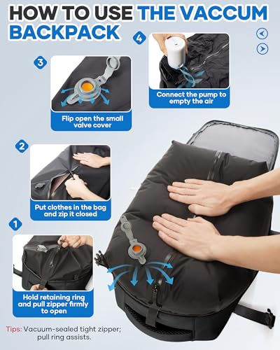 Vacuum Seal Backpack for Clothing Travel with Air Pump Waterproof Laptop Carry On Backpack Personal item Travel Essentials Compression Space Saver Bags Storage with Vacuum System Women Black2