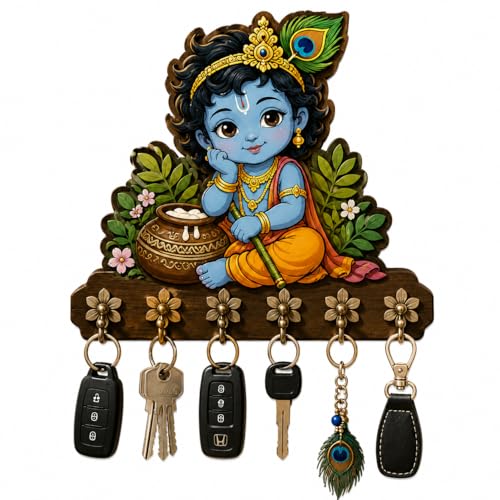 Image of Premium Baby Cute Krishna Key Holder for Home /Office Decor /Key Hanger for Wall Decor,Decorative Item for Home Handcrafted Krishna Wooden Key Holder 6 Hooks, Floral Pattern (10x10 inch)