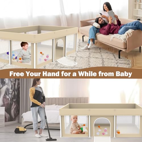 Image of Foldable Large Baby Playpen 50 inchx71 inch, Portable Playard for Babies & Toddlers, No Assembly, Safe Zipper Gate, Soft Mesh Sides, Ideal for Indoor & Outdoor Use, Includes 100 Ocean Balls, Beige