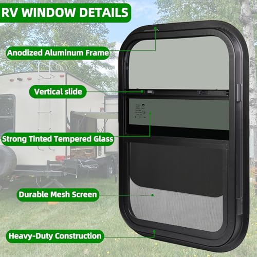 Image of 15 inchW x 22 inchH RV Windows for Cargo Trailer Camper,Tinted Vertical Sliding | Cargo Utility Trailer Window Replacement w /Screen&Trim Ring,Fit 15 /16 inch or 1-3 /8 inch Thick Wall,Allow Error 1 /16,DOT Approved