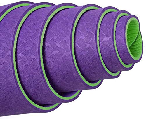 Image of IRIS TPE Fitness Non Slip Double Sided Mat for Hot Yoga Pilate Gymnastics (72 inch x 24 inches x 6 mm, Green and Purple)