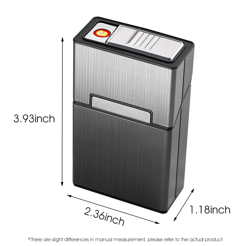 Image of GUSTAVE Cigarette Case with USB Electric Lighter for Men, Portable Cigarette Box, Rechargeable Flameless Lighter, Holds 20 Cigarettes, Plastic Material, Brushed Aluminum Finish (Black)