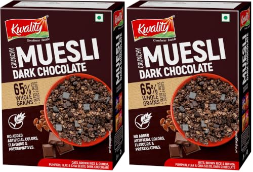 Image of Kwality Muesli Crunchy Dark Chocolate 400g | 65% Whole Grains + Seeds + Nuts & Dried Fruits, High Protein & Fiber, Healthy Breakfast Cereal (Pack of 2)