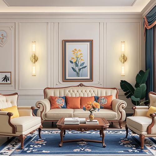 Image of Bathroom Light Fixtures, Gold Wall Sconce in Threaded Glass Vanity Lights 2 Pack, Modern Bathroom Vanity Light Up and Down Sconces Wall Lighting for Bathroom, Living Room - Bulb Not Included