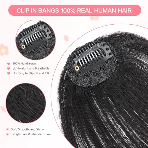 Clip in Bangs 100% Real Human Hair, Wispy Bangs Hair Clip, Hair Bangs Clip in Human Hair, Fake Bangs Fringe with Temples Hairpieces, Clip on Bangs for Women Daily (Natural Black, Wispy Bangs) - Image 5