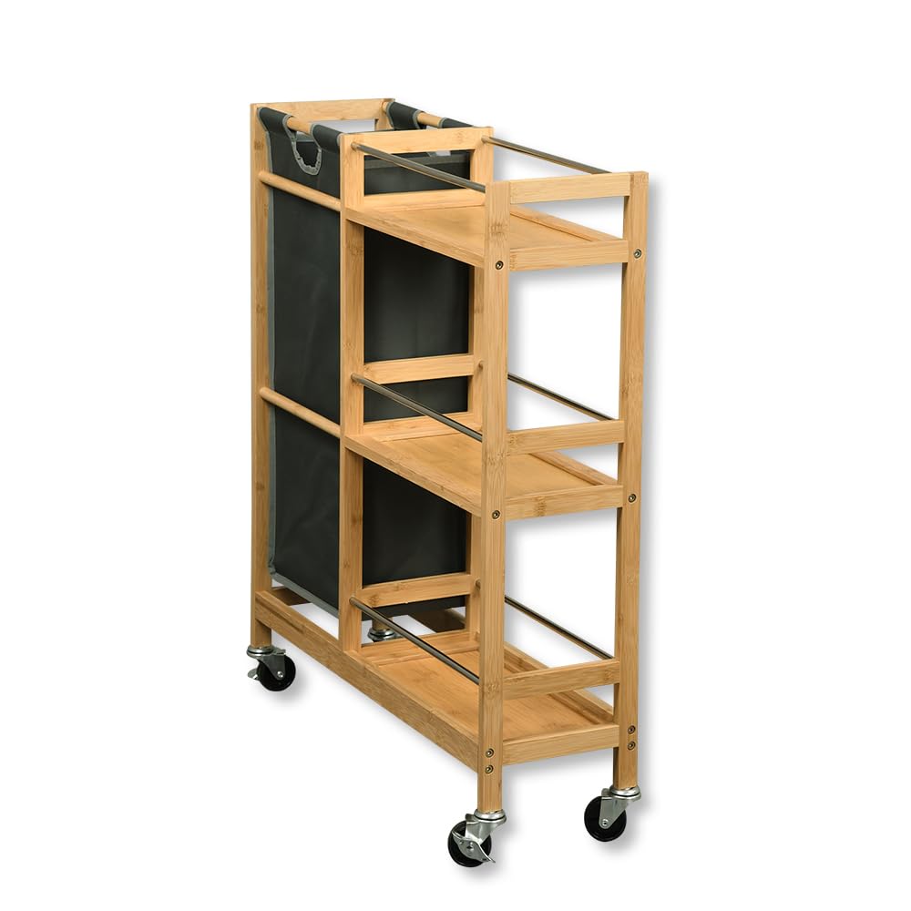 Kesper | Rollbares Nischenregal mit Flaschensammler, Material: Bambus, Polyester, Maße: B 20 cm, H 78 cm, T 68 cm, Farbe: Natur, Grau | 24857 13
