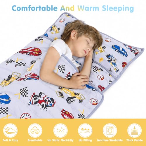 Image of Viviland Toddler Kid Nap Mat for Preschool, Boys Grey Race Car Slumber Bag, Daycare Sleeping Bag with Pillow and Blanket, Kindergarten Sleep Mat
