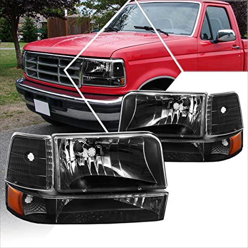 [6Pcs] Headlights+Bumper Lamps Assembly Compatible with 92-96 Ford F150-F350/Bronco,Black Housing Amber Corner