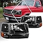[6Pcs] Headlights+Bumper Lamps Assembly Compatible with 92-96 Ford F150-F350/Bronco,Black Housing Amber Corner
