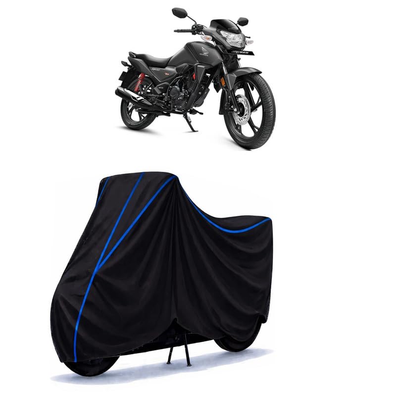 Image of SP 125 BS6 Bike Cover Water Resistant Universal Motorcycle Rain | Heavy Duty UV Protection, Dust, Scratch Indoor Outdoor All Weather with Black Blue Piping Elastic