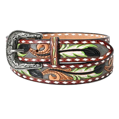 American Darling Large Beautifully Hand Tooled Grey Genuine Leather Belt Men and Women Western with Removable Buckle