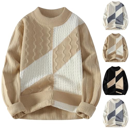 Cambkatl Men's Color Block Crewneck Sweaters, Pullover Loose Long Sleeve Vintage Patchwork Knitted Casual Sweater Tops2