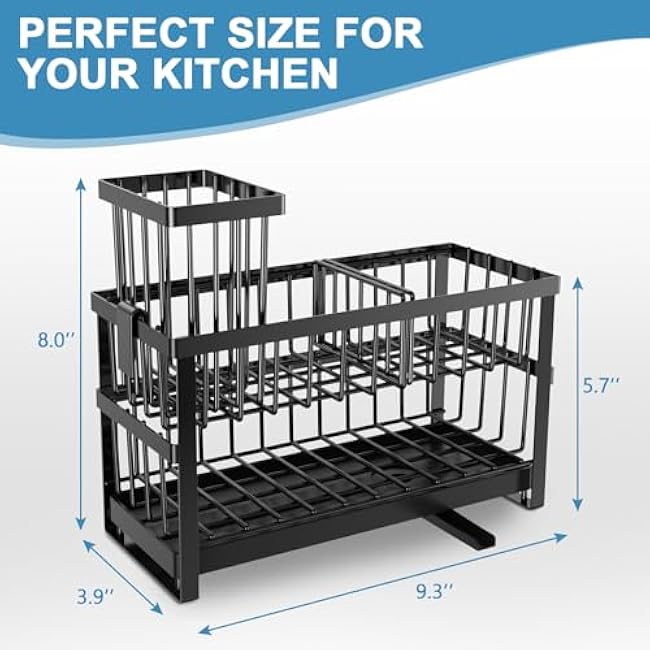 Hvisso 2-Tier Kitchen Sink Caddy with High Brush Holder, Sponge Holder for Sink, Kitchen Storage Organization Sponge Rack, Home Apartment Essential Gadgets Accessories (Black)