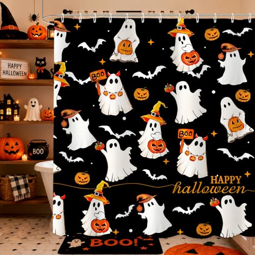 FAMTUDE Halloween Shower Curtain Black Spooky Cute Funny Ghost Shower Curtains for Bathroom Waterproof Home Decor with 12 Hooks 72 X 72 Inches