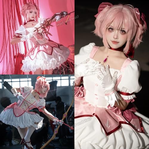 Image of Mado-ka Cosplay Wig Short Light Pink Anime Ponytail Wig with Bangs | Pastel Pink Wigs Cute Lolita Magic-Girl Wig Synthetic Hair for Women Halloween Party Costumes