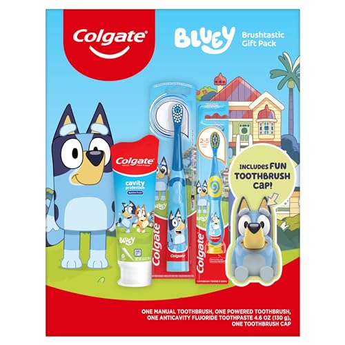 Colgate Kids Toothbrush Set, Kids Toothbrush and Toothpaste Set, Includes Manual Bluey Toothbrush, Kids Toothpaste, and Kids Battery Toothbrush with Included AA Battery, Bluey Gift Set - image 1