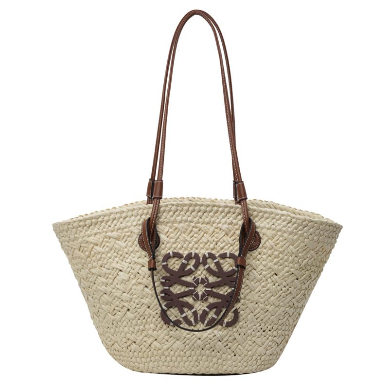JIIENO Strohtasche handgewebt Strandtasche Damen Weiß 51 x 28 x 19 cm