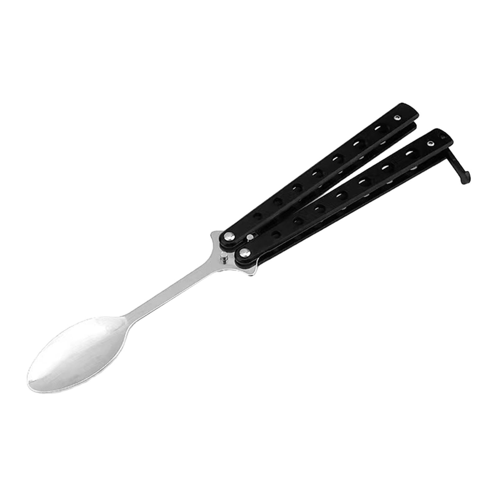 Sharplace Butterfly Spoon Butterfly Practice Stainless Steel 9.06'' Butterfly Training Spoon, Outdoor Dinnerware for BBQ Hiking, black handle
