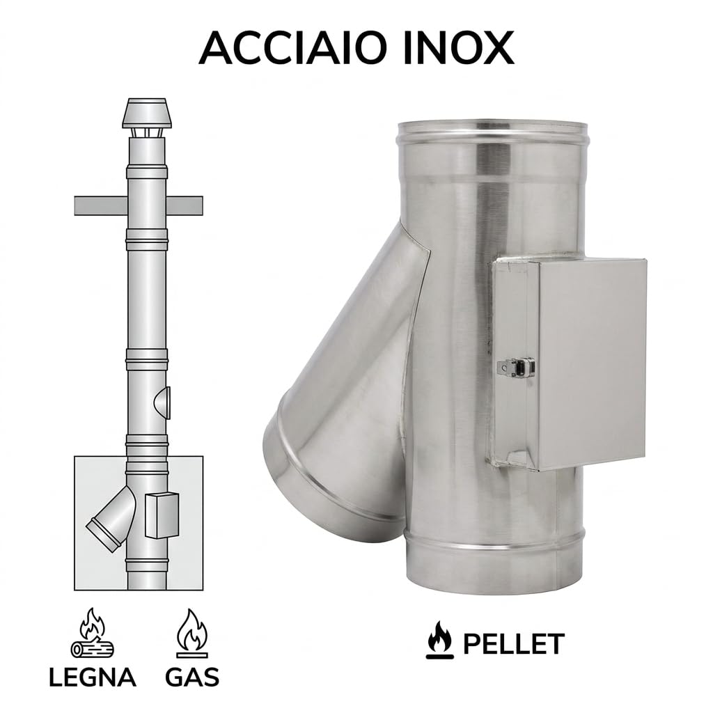 MAKA Raccordo a T 135° con Camera Raccolta Incombusti per Canna Fumaria in Acciaio Inox (Ø 160 mm, AISI 316)