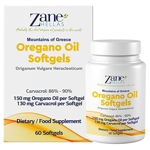 Zane | 130 mg Carvacrol - 150 mg Oregano Oil per Softgel. World Highest Concentration Oregano Oil Capsule. Softgel Contains 30% Greek Essential Oil of Oregano. 60 Softgels Cover
