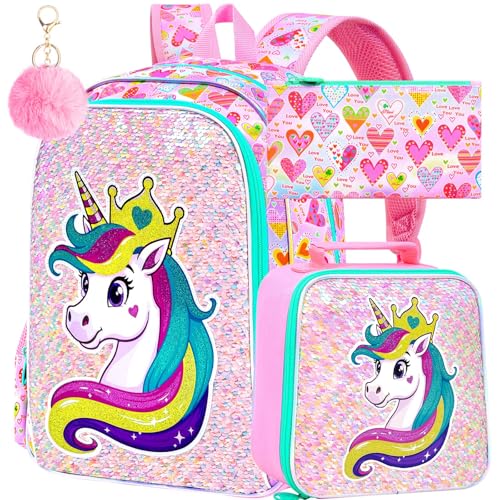 Image of 3Pcs Unicorn Backpack for Girls, 16 inch Sequin Bookbag Set for Kids, Elementary Preschool Preschool School Backpacks with Lunch Box (Pink)