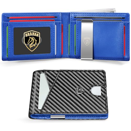 DRAVAN Slim Mens Wallet Front Pocket Wallet for Men with id Window Minimalist Rfid Blocking Credit Card Holder Carbon Fiber Money Clip with Gift Box…… (Carbon Blue)