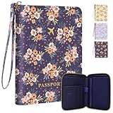 KONVINIT Passport Holder, Passport Holder For Travel, Passport Cover For Travel Essentials, Passport Wallet Cover RFID Blocking, Cute Passport Book for Women and Men, Navy Blue Flowers