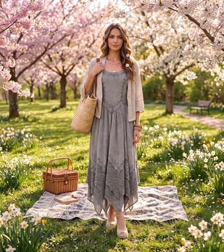 Image of Sakkas Rayon Embroidered Stonewashed Adjustable Spaghetti Straps Long Dress