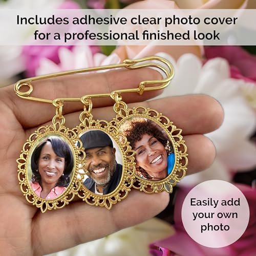 Gold Wedding Bouquet Photo Charm Pin Keepsake for Bridal Bouquet Flowers Memory Charm or Gold Memorial Boutonniere Pin for Groom Add 3 of Your Own Pictures Includes Resizer2