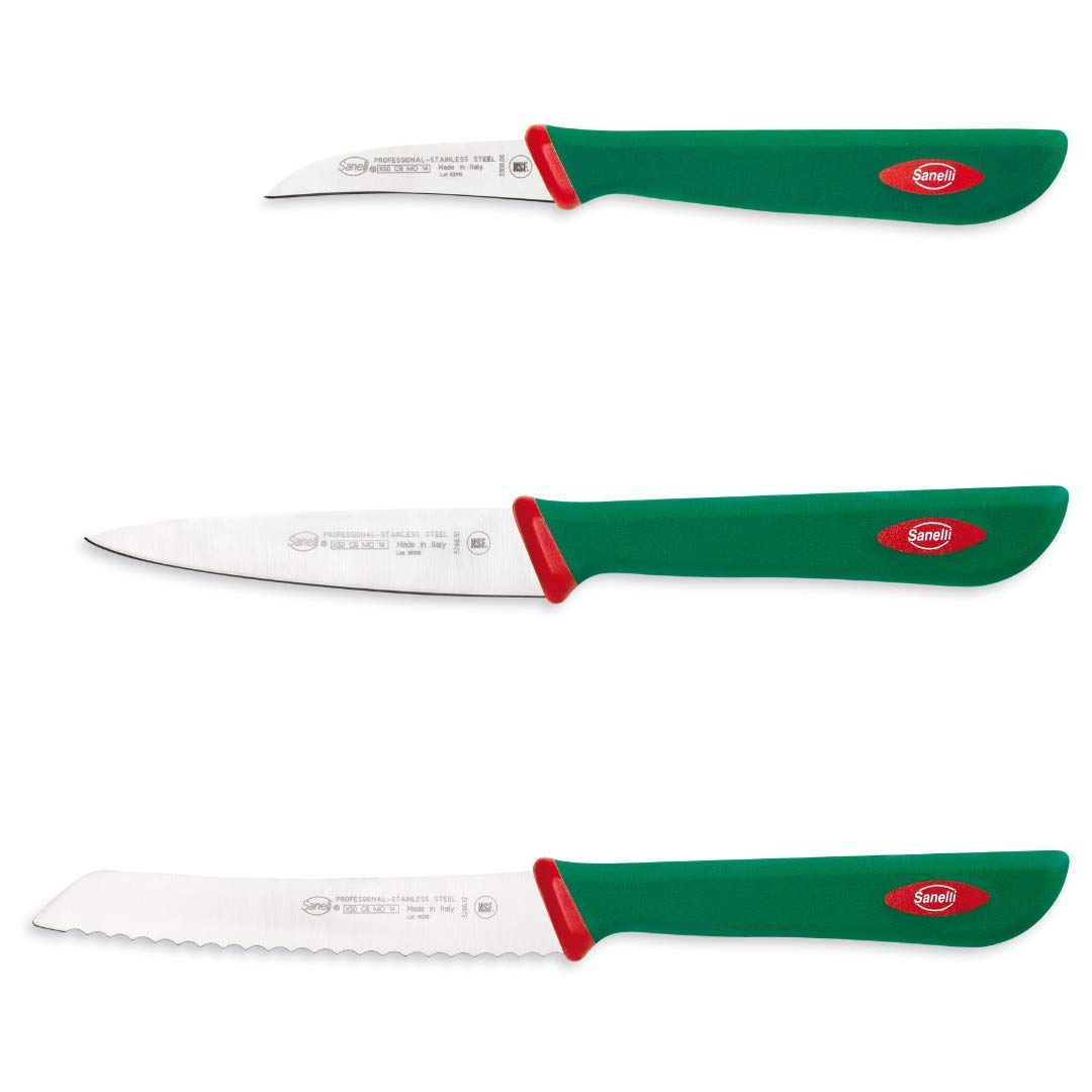 Sanelli Juego de 3 cuchillos de frutas y verduras: cuchillo multiusos de 10 cm, tomate de 12 cm, verduras de 6 cm