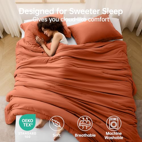 Image of MUXHOMO Queen Comforter Set, All Season Ultra Soft Down Alternative Bedding - 3 Piece Lightweight Bed Set Includes 1 Comforter (90 inchx90 inch) and 2 Pillow Shams (20 inchx26 inch), Burnt Orange