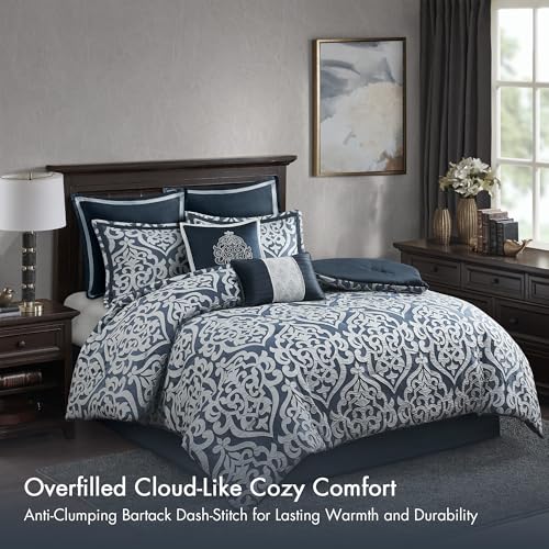 Image of Madison Park Odette Cozy Comforter Set Jacquard Damask Medallion Design - Modern All Season, Down Alternative Bedding, Shams, Decorative Pillows, King(104 in x 92 in), Navy 8 Piece | All Season Down Alternative Bedding with Comforter, Shams, Bed Skirt, Decorative Pillows, Navy