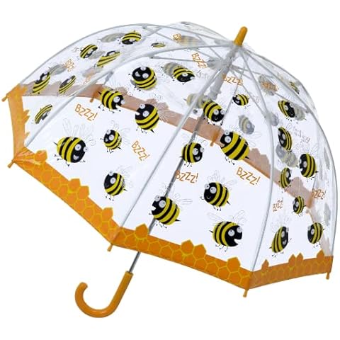 Kids Umbrella Transparent Dome, Crook Handle Umbrella for Girls, Windproof and Waterproof Dome Brolly, Manual Opening System for All Children, See Through PVC. (Bee Yellow|Clear|Printed) Cover
