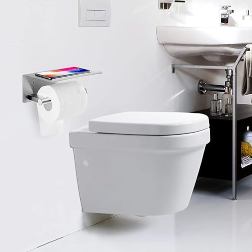 Miniatura 7 de Soporte de papel higiénico con estante, soporte adhesivo montado en la pared para baño, soporte para rollo de pañuelos con estante de almacenamiento