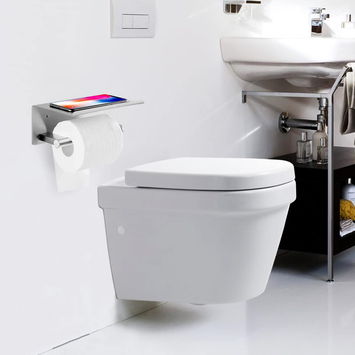 FOMANSH Portarrollos para Papel Higiénico - Portarrollos con Soporte para Celular, Portarrollos de Acero Inoxidable con 2 Métodos de Instalación, Adhesivo, para Baño, Inodoro, Cocina