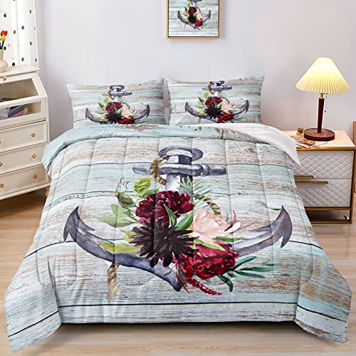 Bducok Anchor Comforter Set,Nautical Anchor Vintage Flowers Bedding Set For Kids Boys Bedroom Gift Ship Anchor Sea Adventure Theme Comforter Set (Full Set,1 Comforter+2 Pillow Case) #TOP2