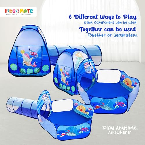 Image of Kidsmate 3-in-1 Ball Pool Tunnel for Kids 1-5 Years | Foldable Pop-Up Tent with Crawling Tunnel, Ball Pit & Playhouse | Indoor /Outdoor Activity Toy for Boys & Girls | Balls Not Included - Blue