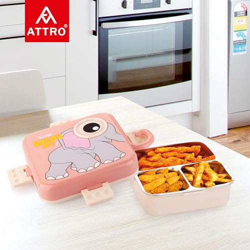 Image of ATTRO Carnival Super Elephant Lunch Box 2 Layer Stainless Steel Lunch Box Comes with 1 Detachable Tray, 1 Small Container & 1 Spoon Ideal for Kids BPA Free 1120ml+70ml- Peach