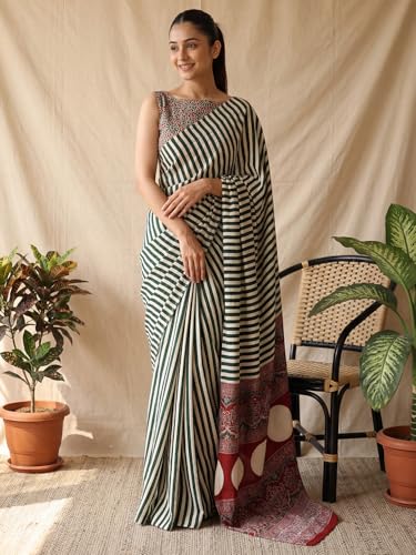 Image of AKHILAM Women's Pure Crepe Striped Printed Saree With Unstitched Blouse Piece
