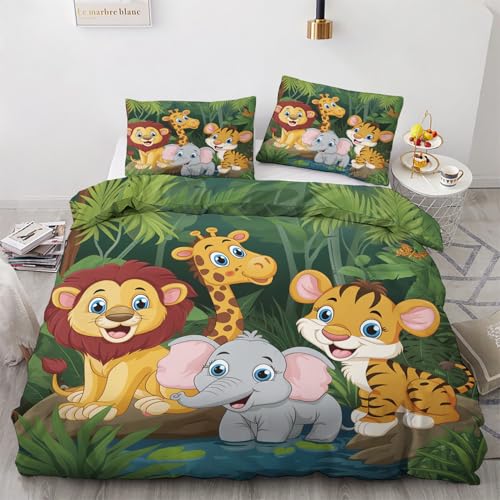 Qfpryzius Parure de Lit 90x190 Enfant pour 1 Personne Animaux de La Jungle, Housse de Couette Réversible Safari + 1 Taie d'oreiller 65x65 cm, Ensemble de...